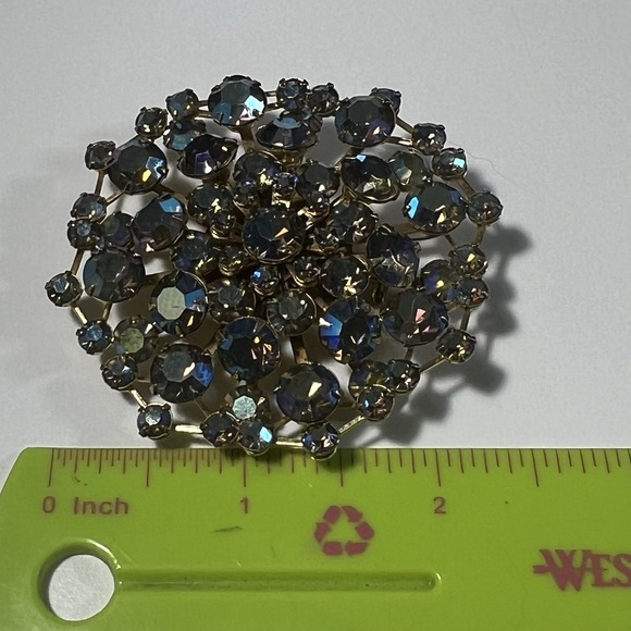MCM Blue Aurora Borealis Rhinestone Statement Brooch Pin Gold Tone 2‎ 1/4" - Picture 7 of 7